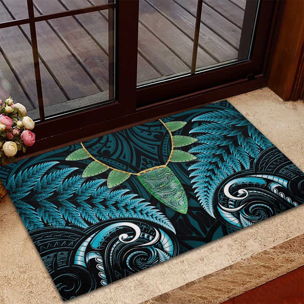 Aotearoa Pounamu Niho Rubber Doormat Silver Fern Mix Maori Pattern - Turquoise LT14 - Polynesian Pride