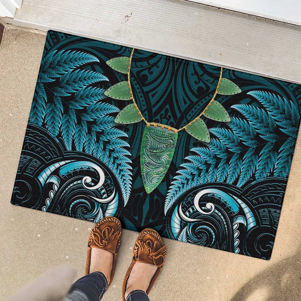 Aotearoa Pounamu Niho Rubber Doormat Silver Fern Mix Maori Pattern - Turquoise LT14 - Polynesian Pride