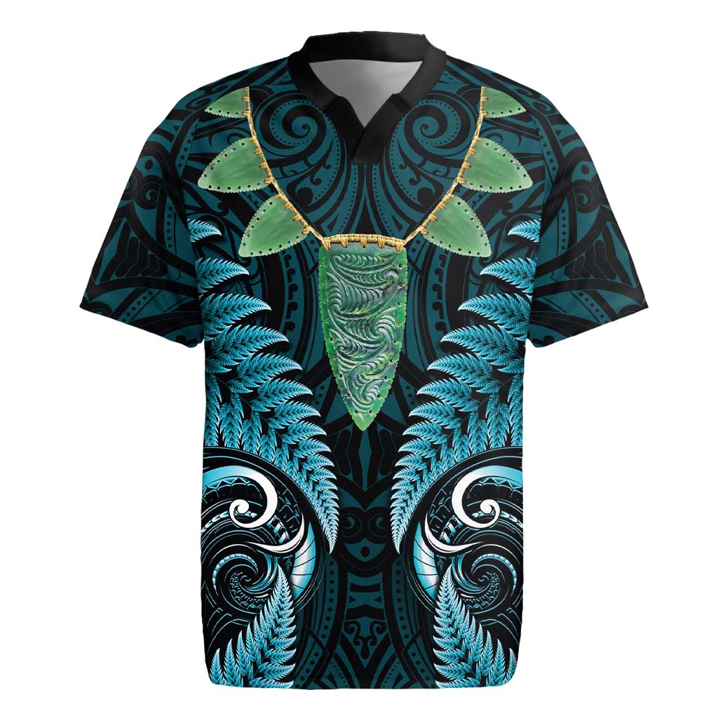 Aotearoa Pounamu Niho Rugby Jersey Silver Fern Mix Maori Pattern - Turquoise