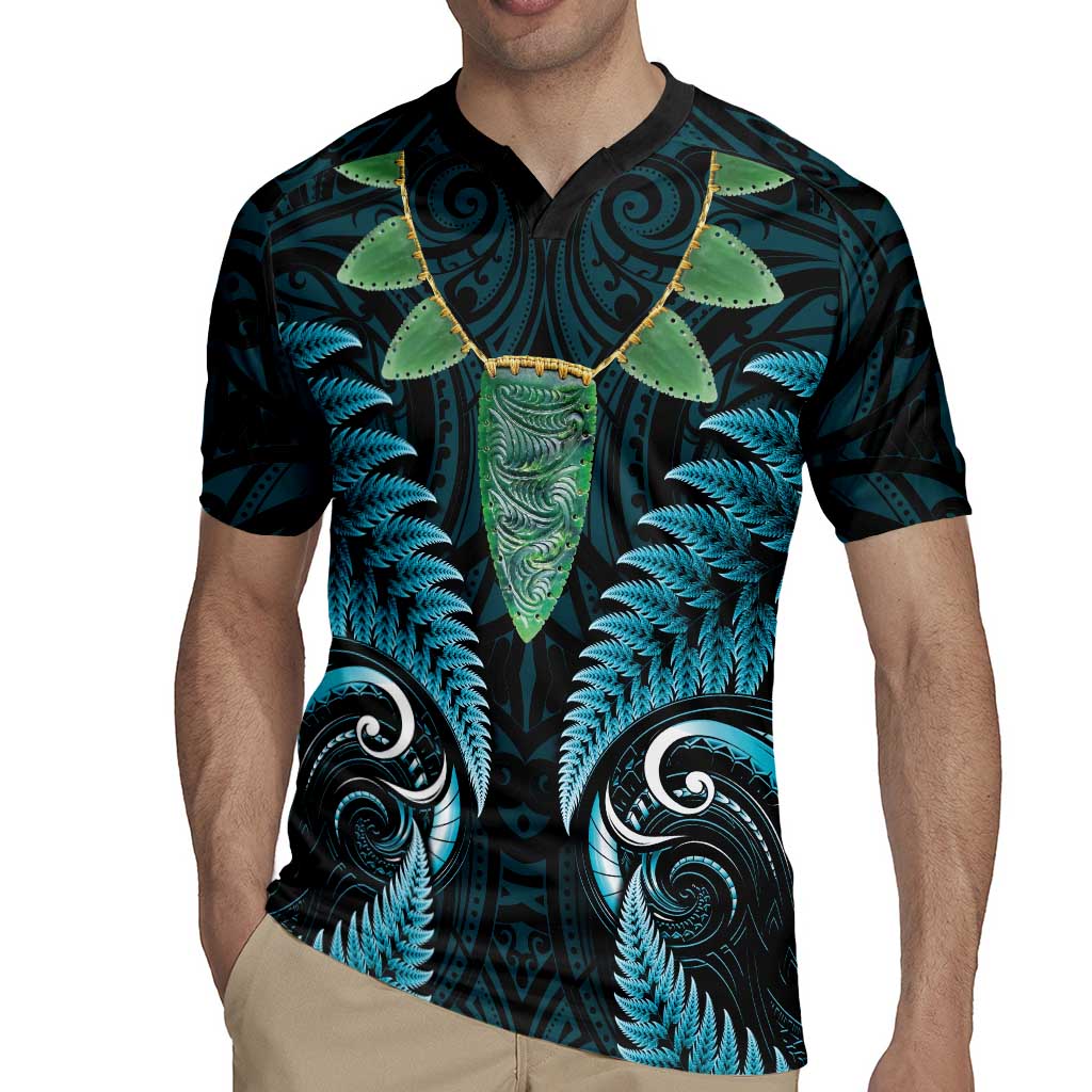 Aotearoa Pounamu Niho Rugby Jersey Silver Fern Mix Maori Pattern - Turquoise
