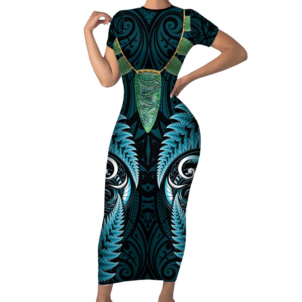 Aotearoa Pounamu Niho Short Sleeve Bodycon Dress Silver Fern Mix Maori Pattern - Turquoise LT14 Long Dress Turquoise - Polynesian Pride