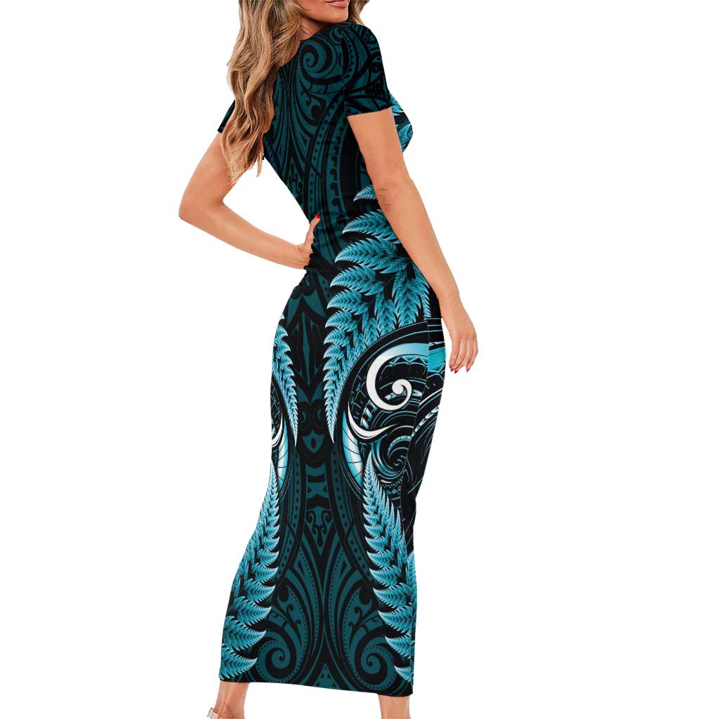 Aotearoa Pounamu Niho Short Sleeve Bodycon Dress Silver Fern Mix Maori Pattern - Turquoise LT14 - Polynesian Pride