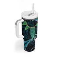 Aotearoa Pounamu Niho Tumbler With Handle Silver Fern Mix Maori Pattern - Turquoise