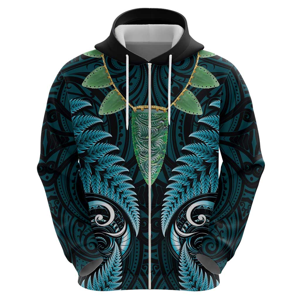 Aotearoa Pounamu Niho Zip Hoodie Silver Fern Mix Maori Pattern - Turquoise