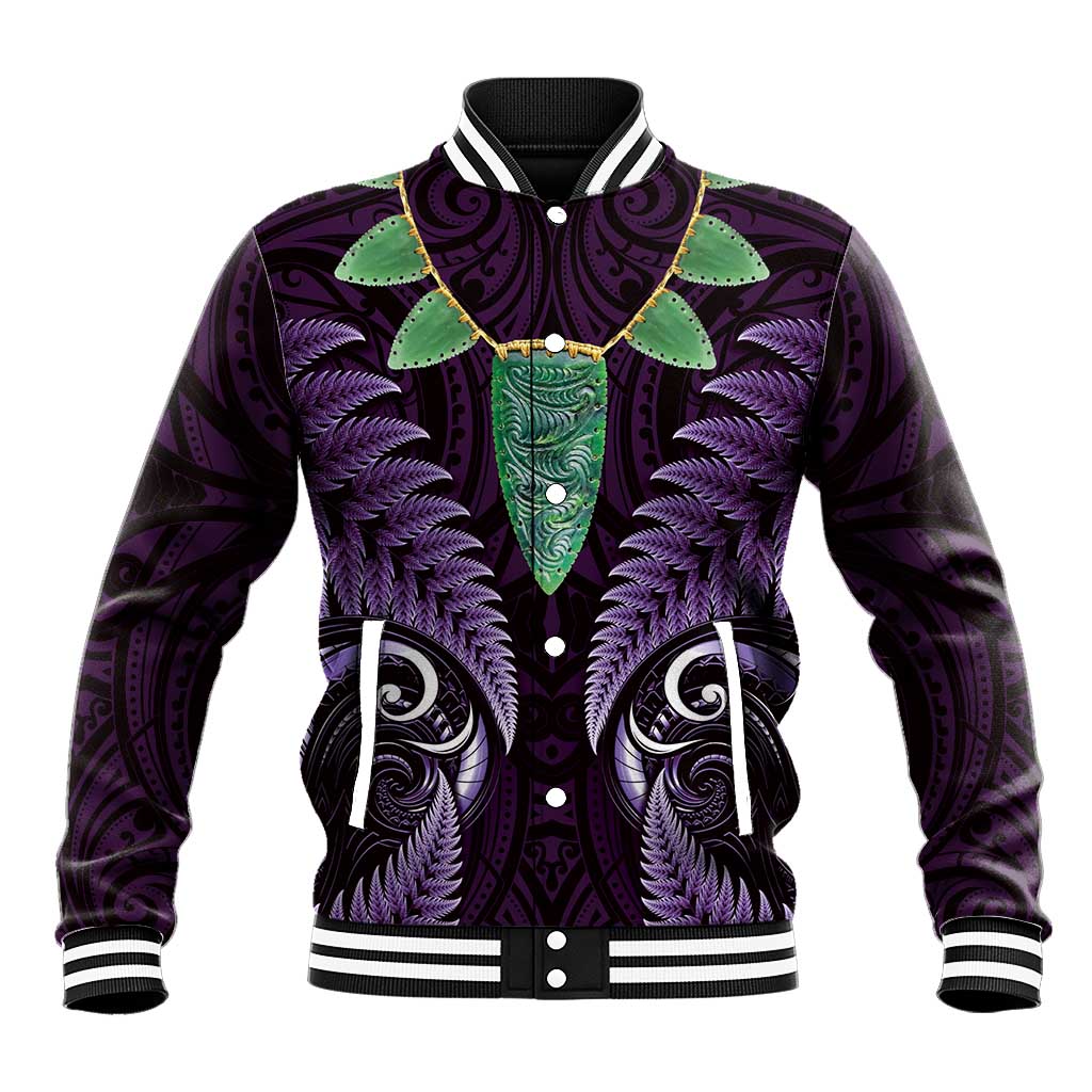 Aotearoa Pounamu Niho Baseball Jacket Silver Fern Mix Maori Pattern - Purple LT14 Unisex Purple - Polynesian Pride