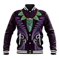 Aotearoa Pounamu Niho Baseball Jacket Silver Fern Mix Maori Pattern - Purple LT14 Unisex Purple - Polynesian Pride