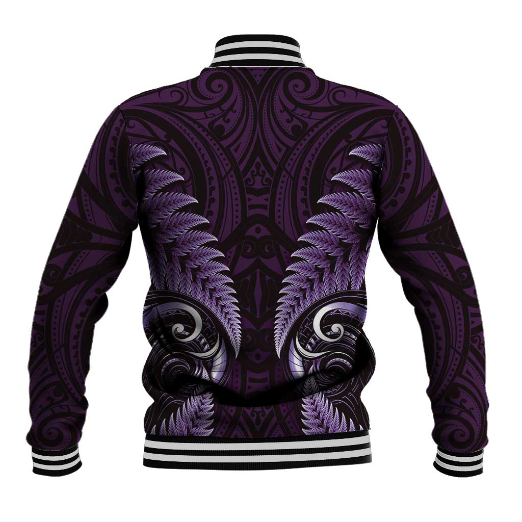 Aotearoa Pounamu Niho Baseball Jacket Silver Fern Mix Maori Pattern - Purple LT14 - Polynesian Pride