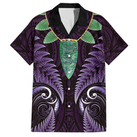 Aotearoa Pounamu Niho Family Matching Off The Shoulder Long Sleeve Dress and Hawaiian Shirt Silver Fern Mix Maori Pattern - Purple