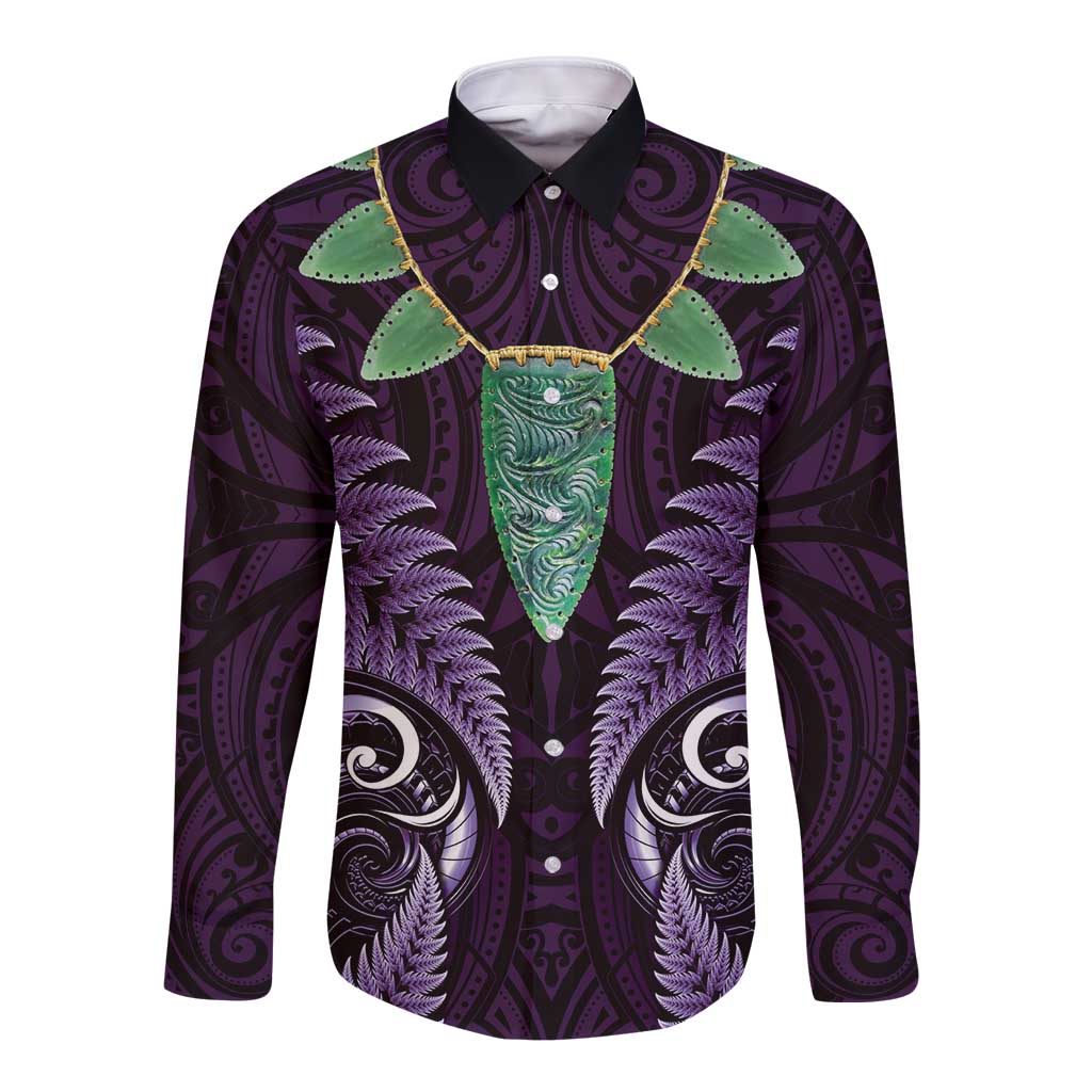 Aotearoa Pounamu Niho Long Sleeve Button Shirt Silver Fern Mix Maori Pattern - Purple