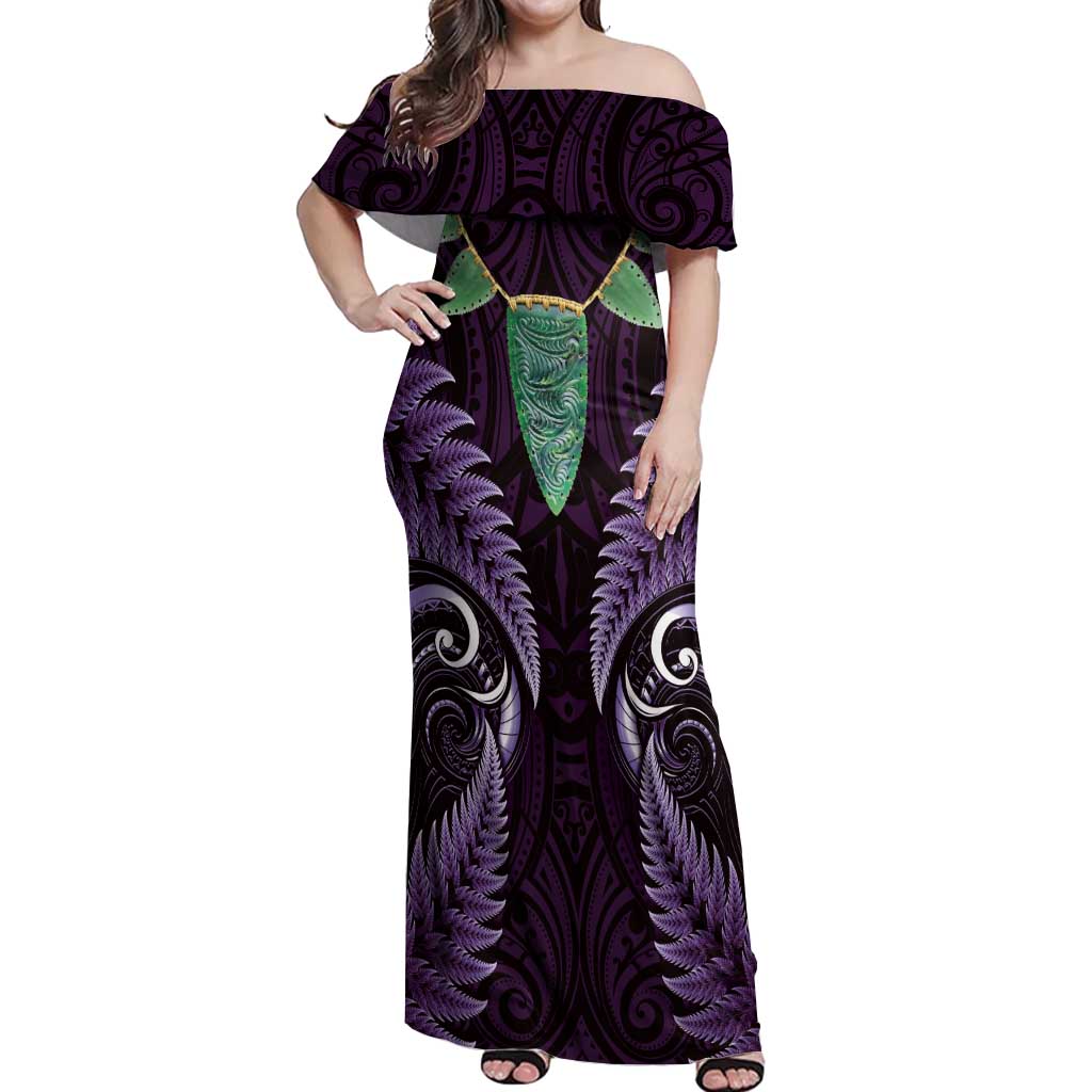 Aotearoa Pounamu Niho Off Shoulder Maxi Dress Silver Fern Mix Maori Pattern - Purple LT14 Women Purple - Polynesian Pride