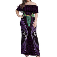 Aotearoa Pounamu Niho Off Shoulder Maxi Dress Silver Fern Mix Maori Pattern - Purple LT14 Women Purple - Polynesian Pride