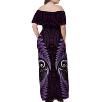 Aotearoa Pounamu Niho Off Shoulder Maxi Dress Silver Fern Mix Maori Pattern - Purple LT14 - Polynesian Pride