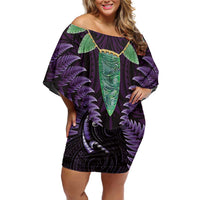Aotearoa Pounamu Niho Off Shoulder Short Dress Silver Fern Mix Maori Pattern - Purple LT14 Women Purple - Polynesian Pride