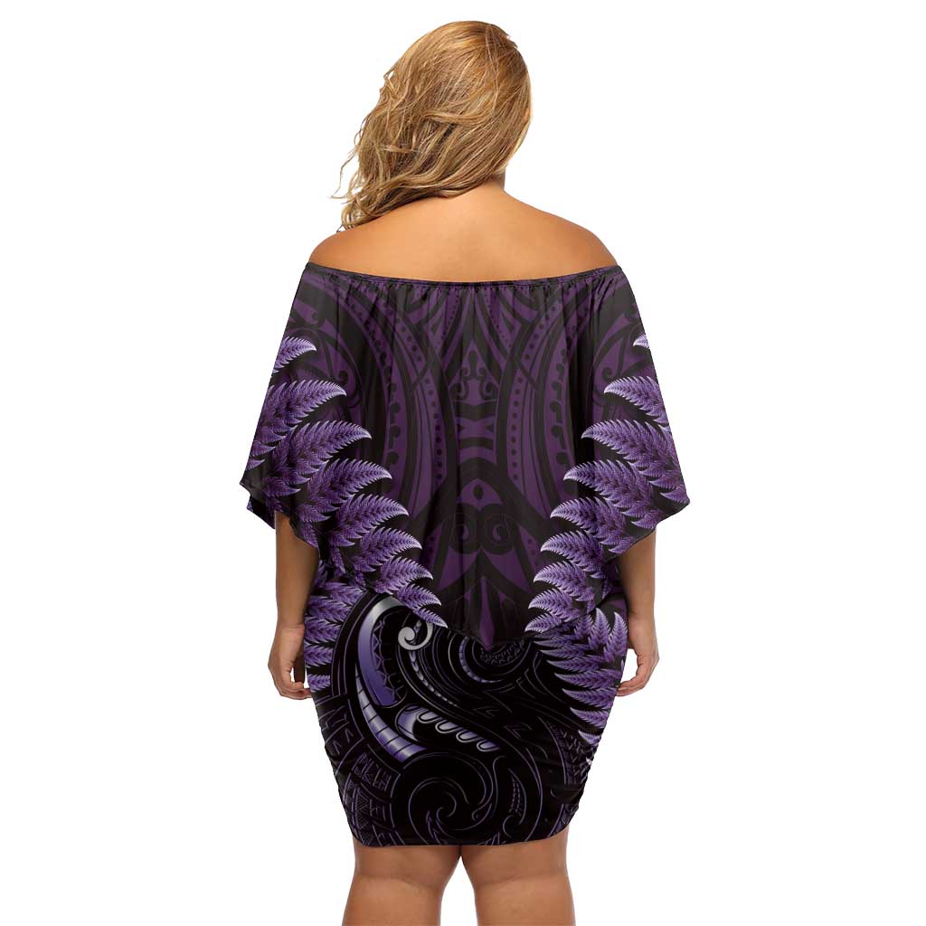 Aotearoa Pounamu Niho Off Shoulder Short Dress Silver Fern Mix Maori Pattern - Purple LT14 - Polynesian Pride