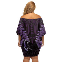 Aotearoa Pounamu Niho Off Shoulder Short Dress Silver Fern Mix Maori Pattern - Purple LT14 - Polynesian Pride
