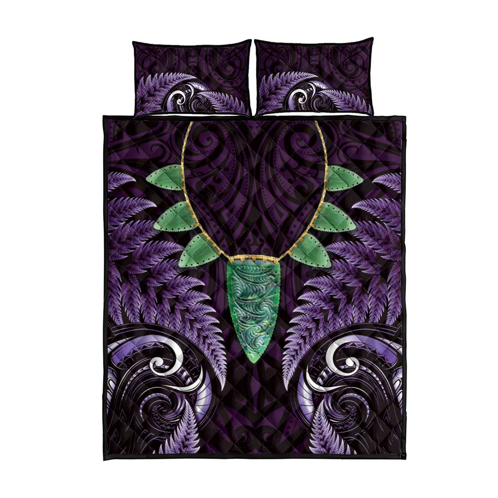 Aotearoa Pounamu Niho Quilt Bed Set Silver Fern Mix Maori Pattern - Purple