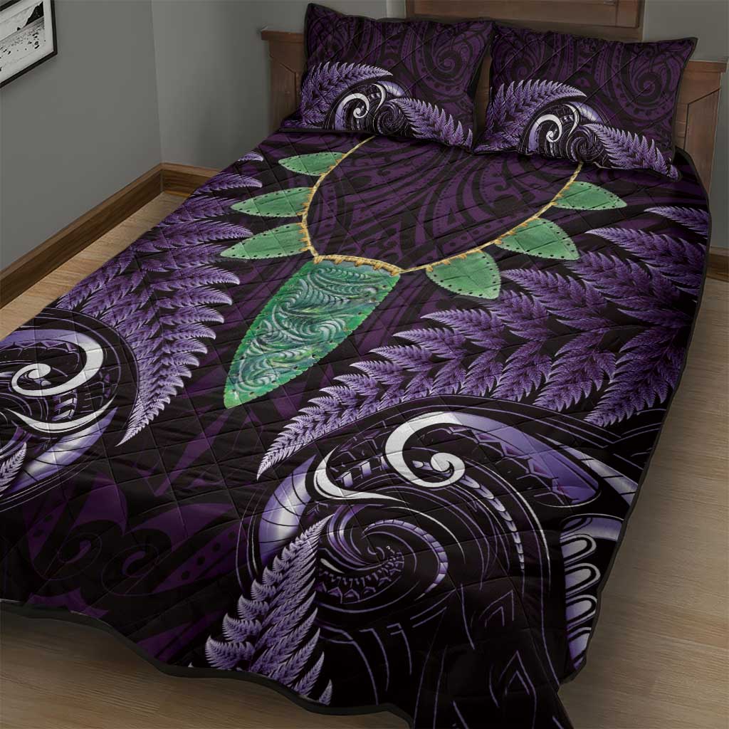 Aotearoa Pounamu Niho Quilt Bed Set Silver Fern Mix Maori Pattern - Purple