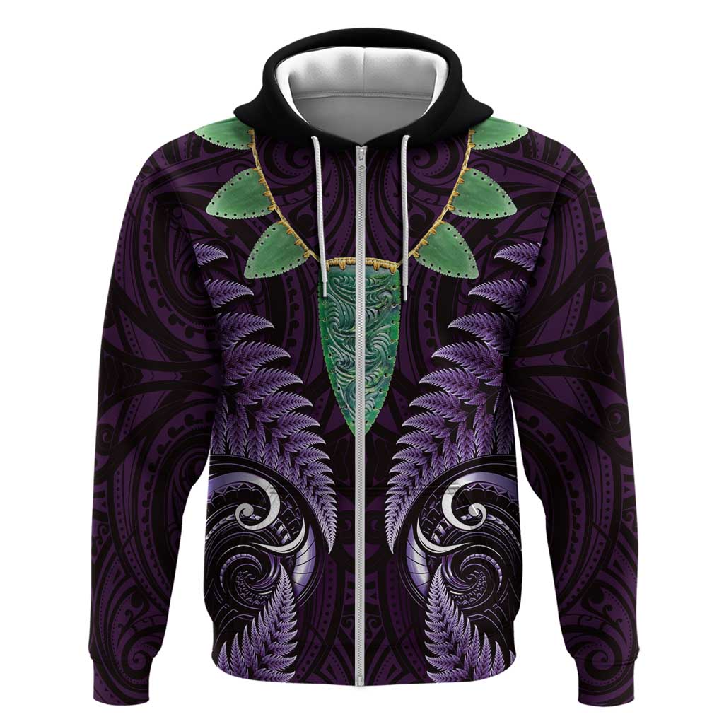 Aotearoa Pounamu Niho Zip Hoodie Silver Fern Mix Maori Pattern - Purple