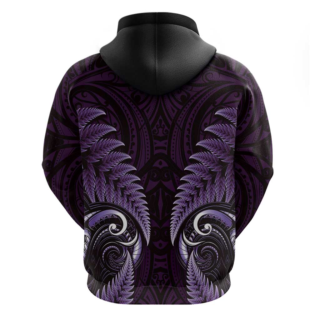 Aotearoa Pounamu Niho Zip Hoodie Silver Fern Mix Maori Pattern - Purple