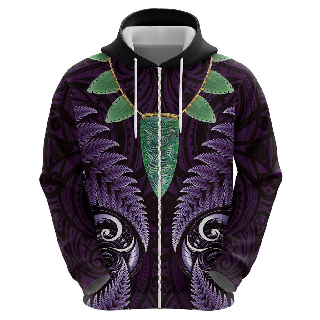 Aotearoa Pounamu Niho Zip Hoodie Silver Fern Mix Maori Pattern - Purple