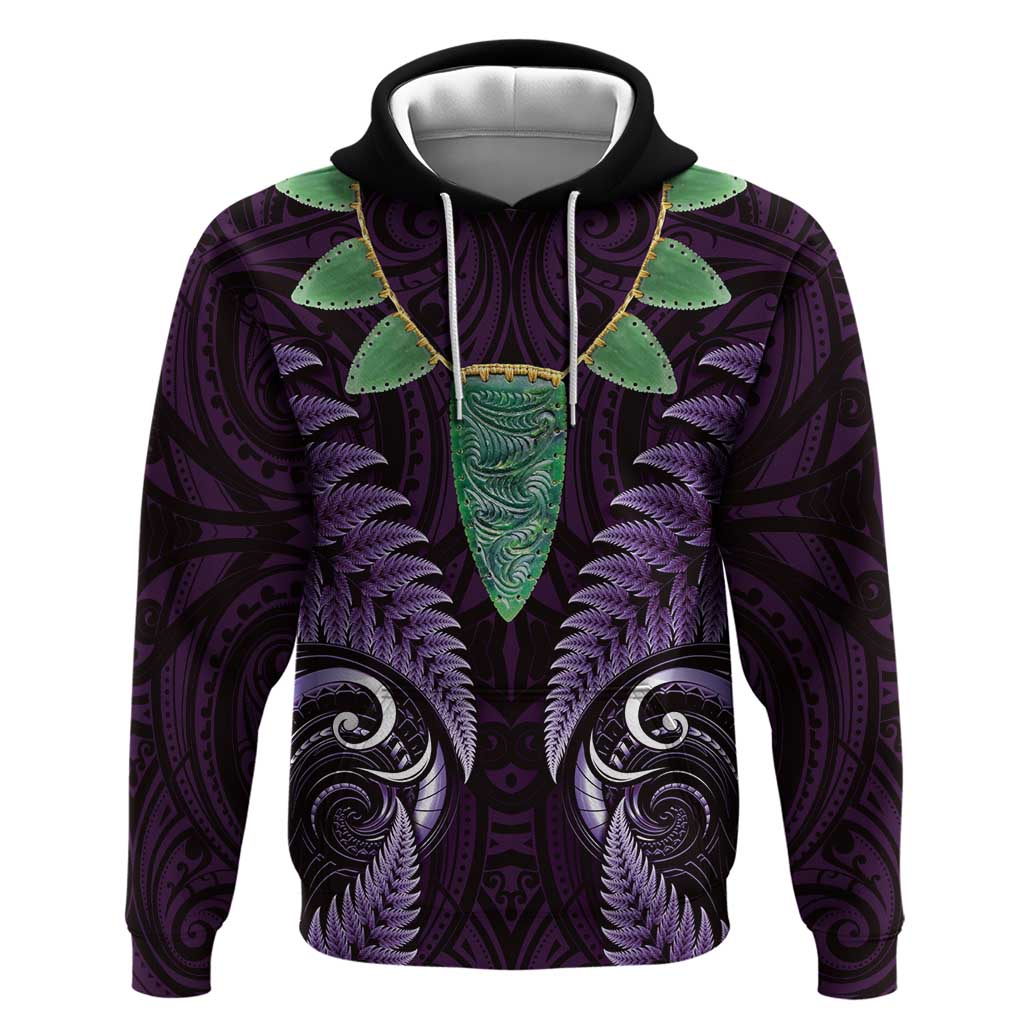 Aotearoa Pounamu Niho Zip Hoodie Silver Fern Mix Maori Pattern - Purple