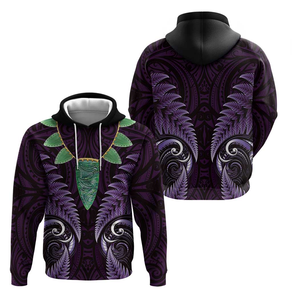 Aotearoa Pounamu Niho Zip Hoodie Silver Fern Mix Maori Pattern - Purple
