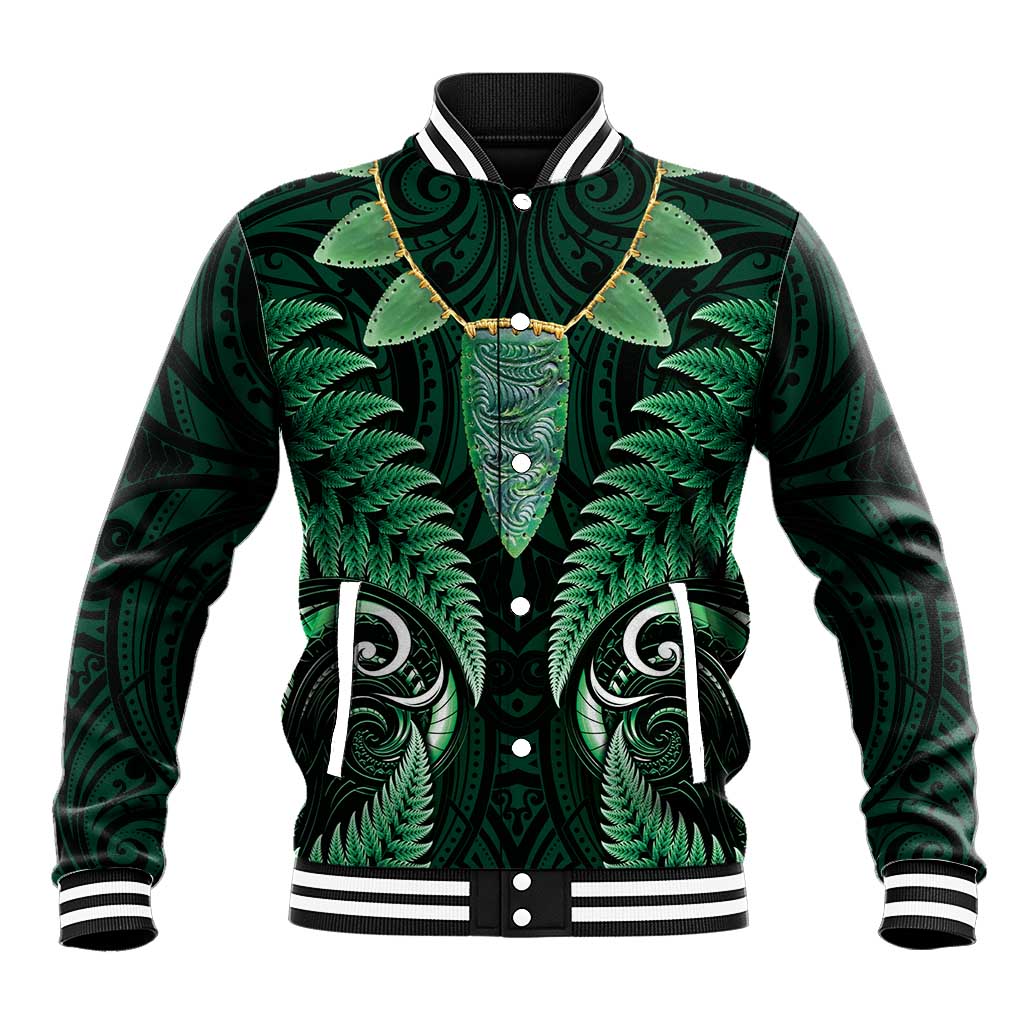 Aotearoa Pounamu Niho Baseball Jacket Silver Fern Mix Maori Pattern - Green LT14 Unisex Green - Polynesian Pride