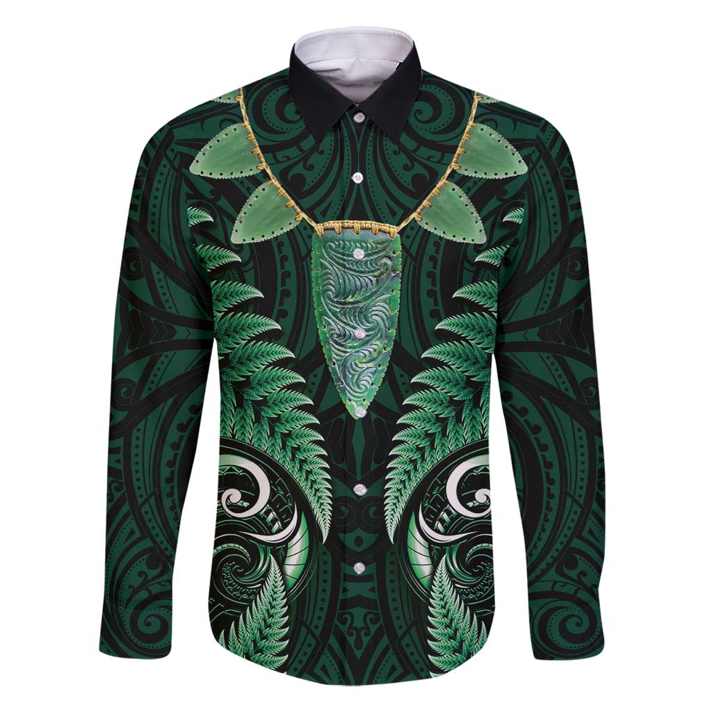 Aotearoa Pounamu Niho Family Matching Long Sleeve Bodycon Dress and Hawaiian Shirt Silver Fern Mix Maori Pattern - Green