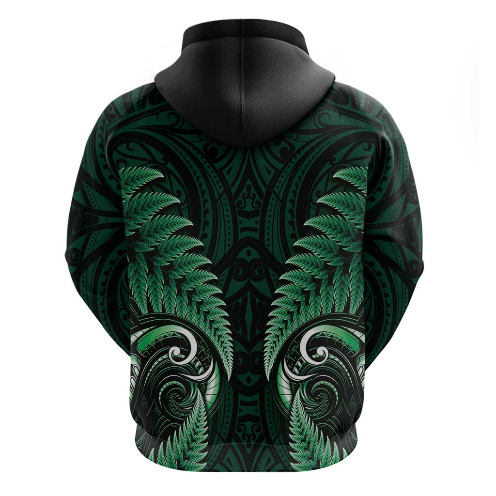 Aotearoa Pounamu Niho Hoodie Silver Fern Mix Maori Pattern - Green