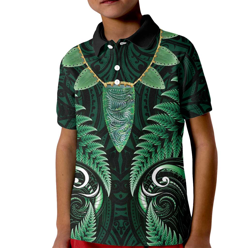 Aotearoa Pounamu Niho Kid Polo Shirt Silver Fern Mix Maori Pattern - Green LT14 Kid Green - Polynesian Pride
