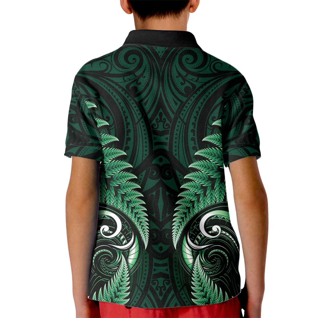 Aotearoa Pounamu Niho Kid Polo Shirt Silver Fern Mix Maori Pattern - Green LT14 - Polynesian Pride