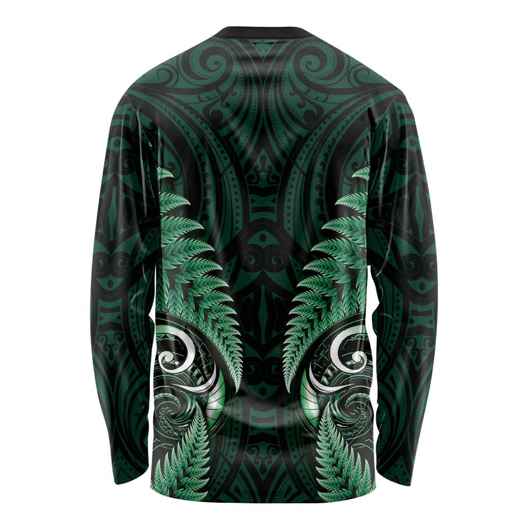 Aotearoa Pounamu Niho Long Sleeve Shirt Silver Fern Mix Maori Pattern - Green