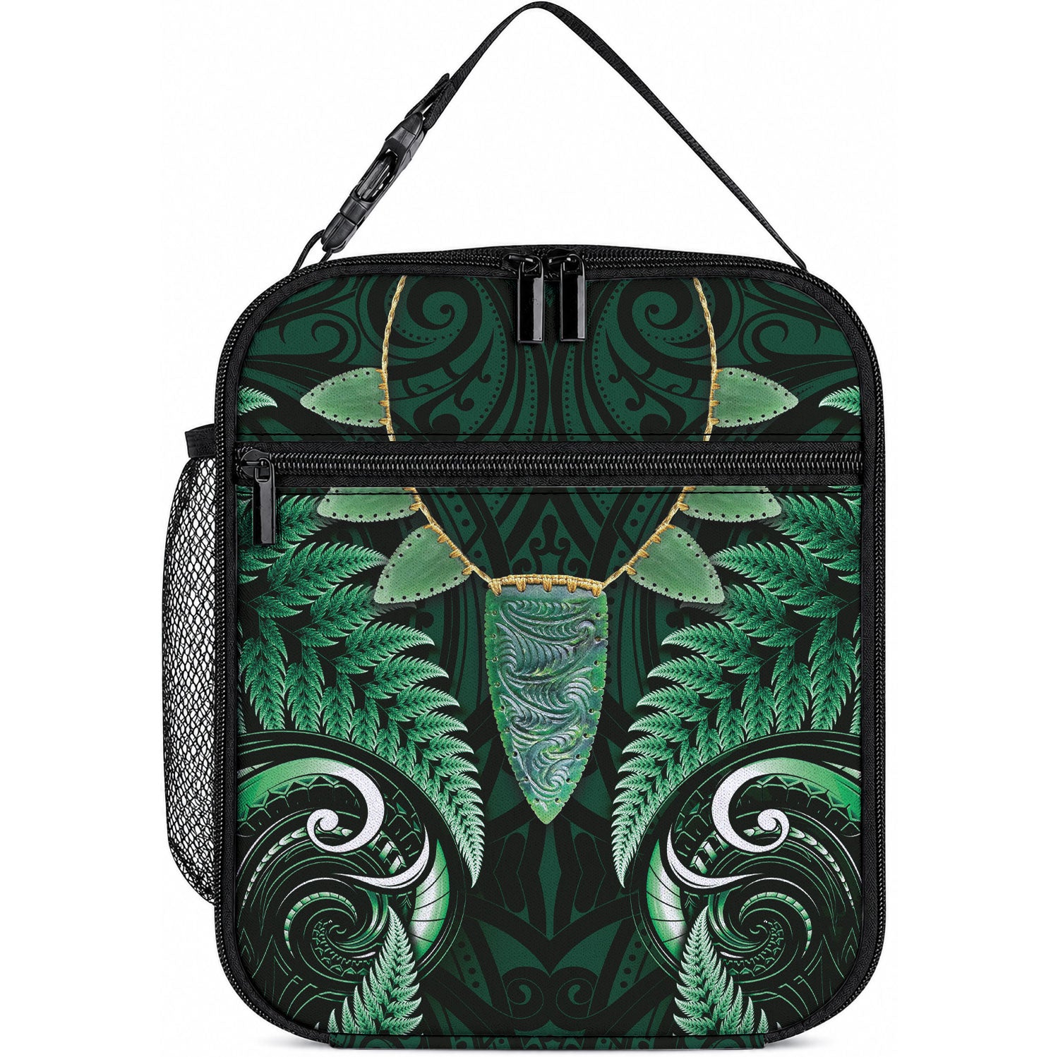 Aotearoa Pounamu Niho Lunch Bag Silver Fern Mix Maori Pattern - Green LT14 10.2 × 8.3 × 4.3 inch Green - Polynesian Pride