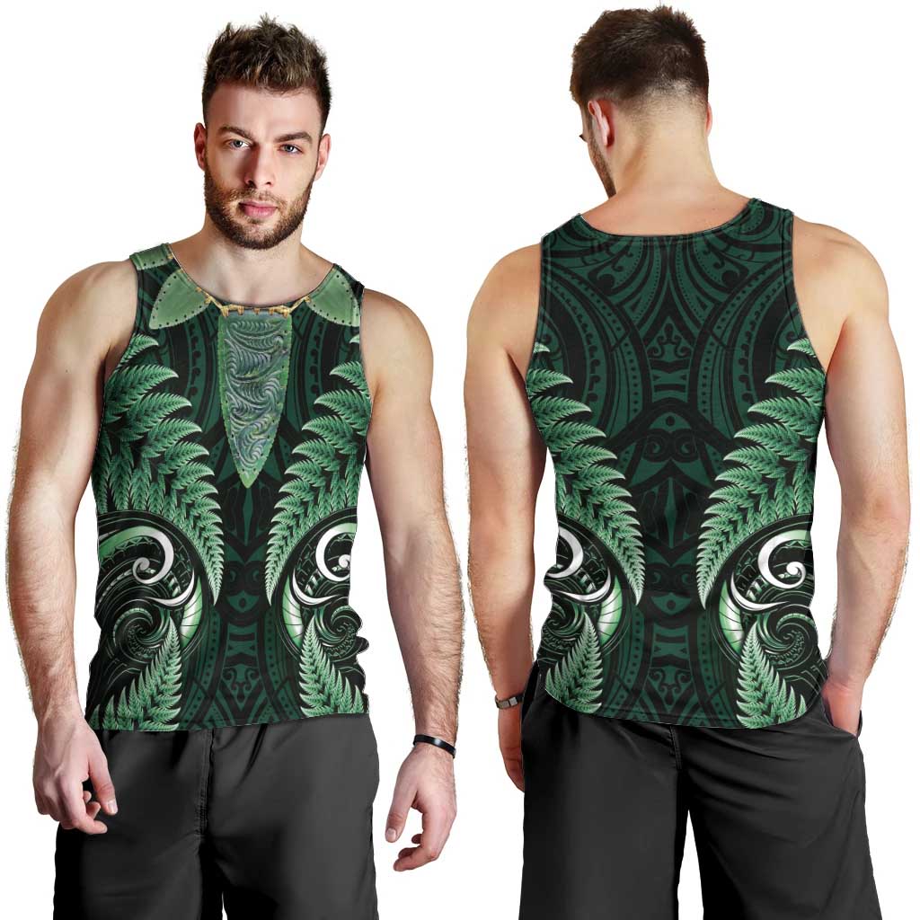 Aotearoa Pounamu Niho Men Tank Top Silver Fern Mix Maori Pattern - Green
