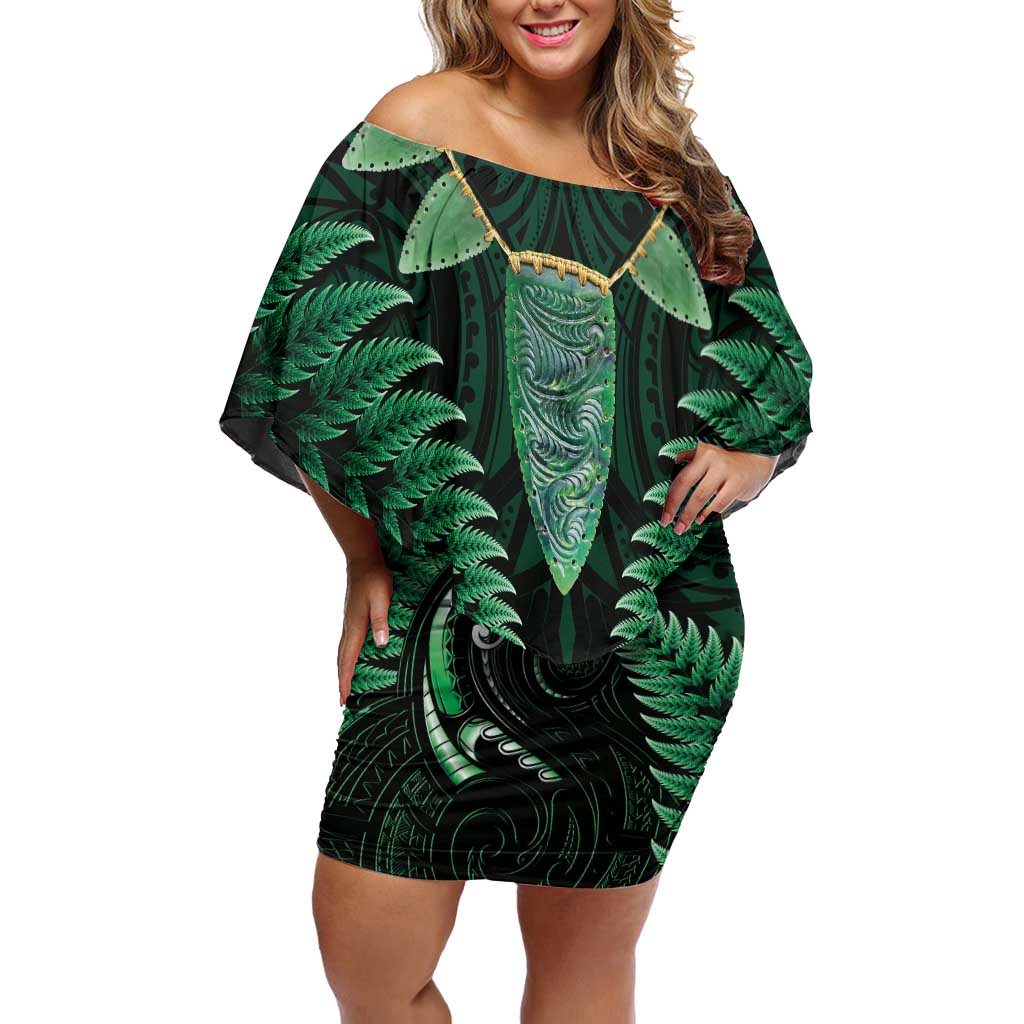 Aotearoa Pounamu Niho Off Shoulder Short Dress Silver Fern Mix Maori Pattern - Green LT14 Women Green - Polynesian Pride