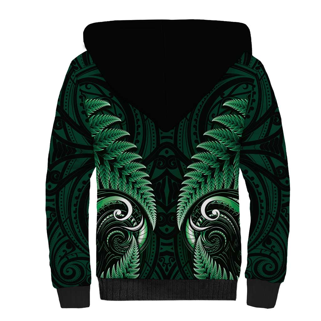 Aotearoa Pounamu Niho Sherpa Hoodie Silver Fern Mix Maori Pattern - Green