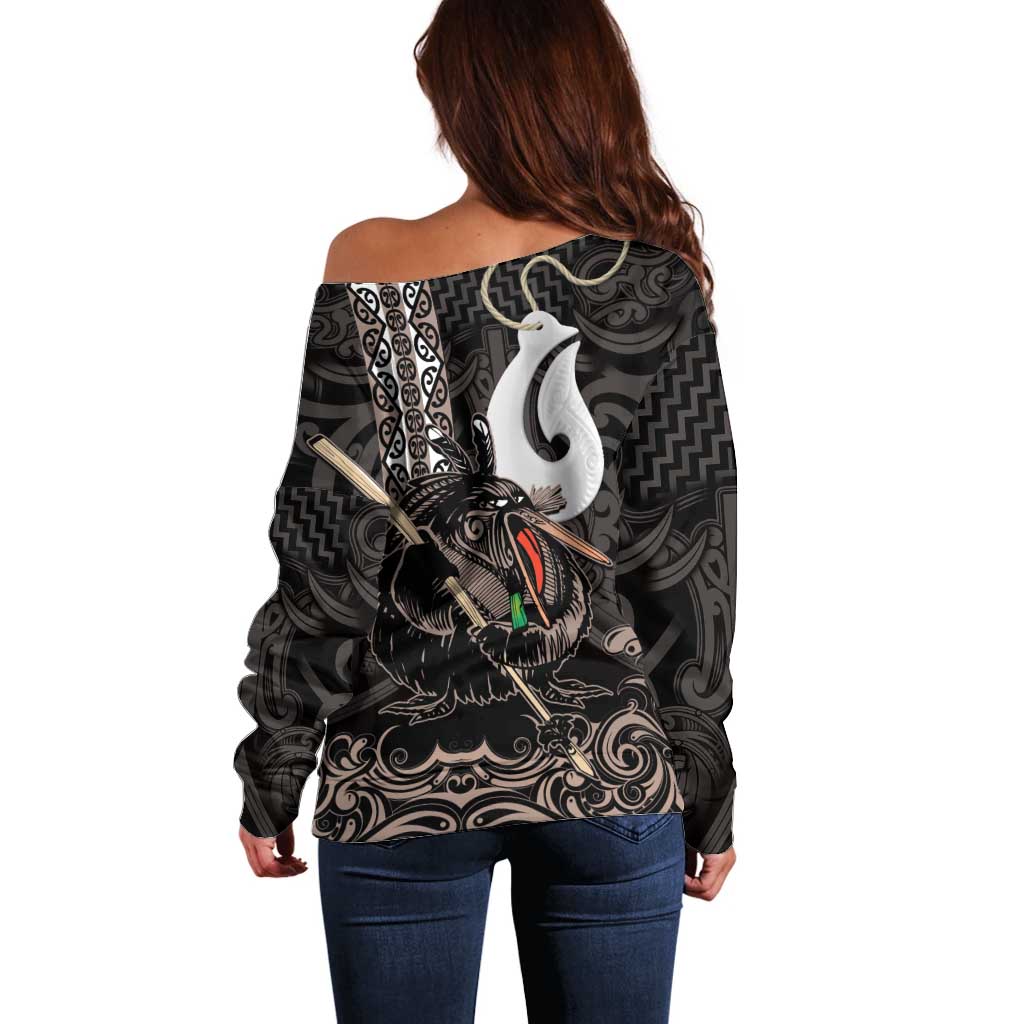 Aotearoa Hei Matau Off Shoulder Sweater Haka Kiwi Mix Maori Mangopare