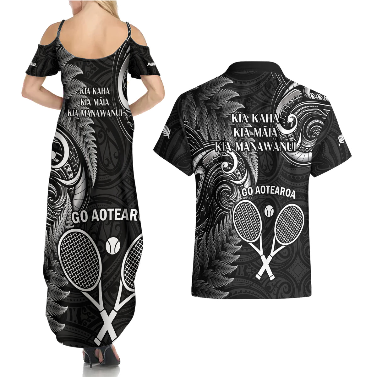 New Zealand Tiki Tennis Couples Matching Summer Maxi Dress and Hawaiian Shirt 2024 Aotearoa Tenehi Maori Silver Fern - Black LT14 - Polynesian Pride