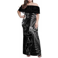 New Zealand Tiki Tennis Family Matching Off Shoulder Maxi Dress and Hawaiian Shirt 2024 Aotearoa Tenehi Maori Silver Fern - Black LT14 Mom's Dress Black - Polynesian Pride