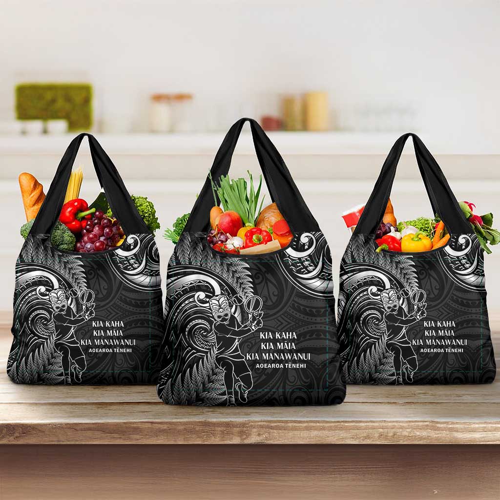 New Zealand Tiki Tennis Grocery Bag Aotearoa Tenehi Maori Silver Fern - Black