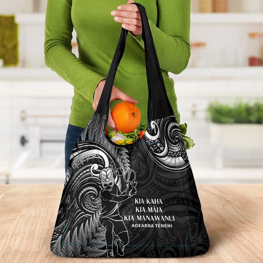 New Zealand Tiki Tennis Grocery Bag Aotearoa Tenehi Maori Silver Fern - Black