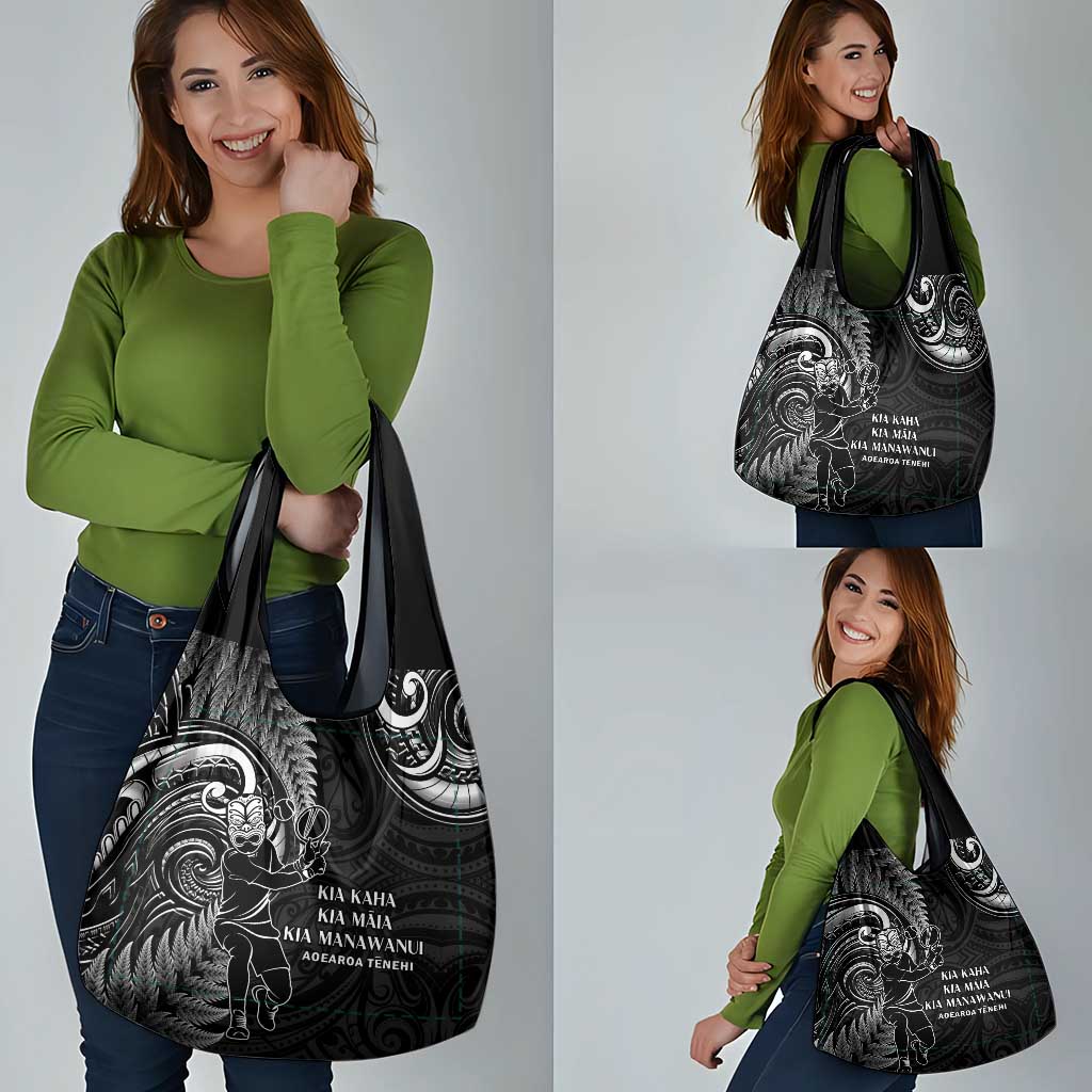 New Zealand Tiki Tennis Grocery Bag Aotearoa Tenehi Maori Silver Fern - Black