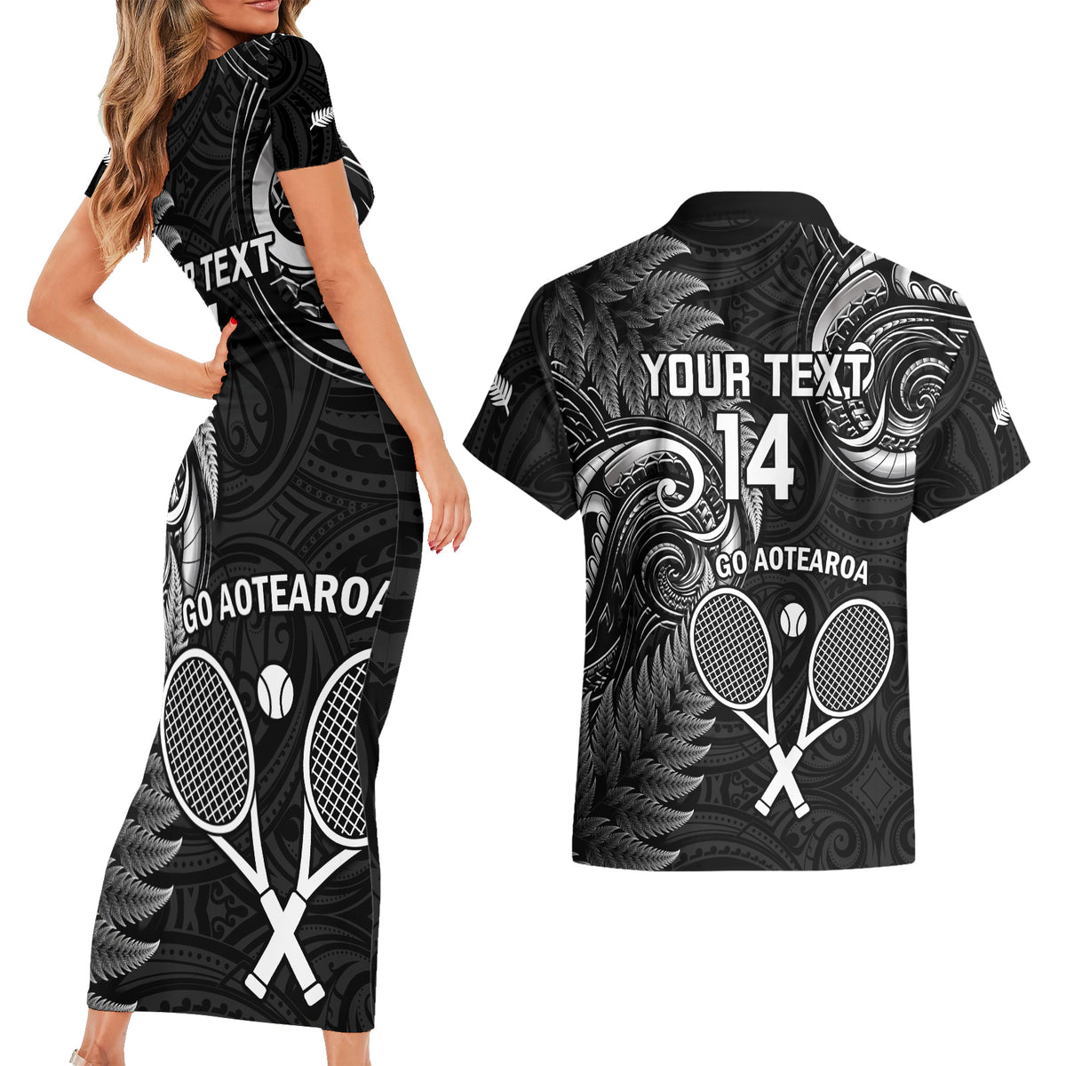 Custom New Zealand Tiki Tennis Couples Matching Short Sleeve Bodycon Dress and Hawaiian Shirt 2024 Aotearoa Tenehi Maori Silver Fern - Black LT14 - Polynesian Pride