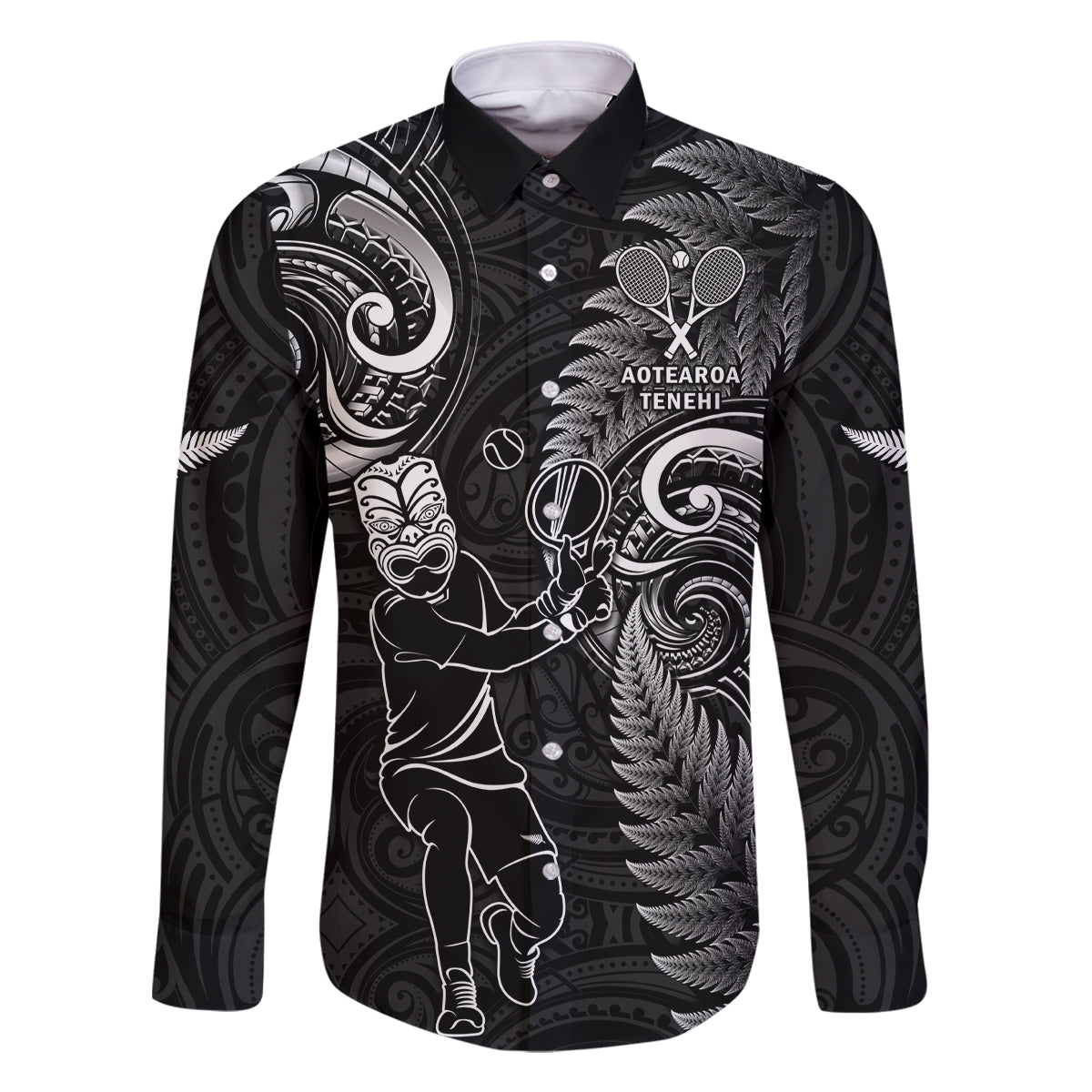 Custom New Zealand Tiki Tennis Family Matching Long Sleeve Bodycon Dress and Hawaiian Shirt 2024 Aotearoa Tenehi Maori Silver Fern - Black LT14 Dad's Shirt - Long Sleeve Black - Polynesian Pride