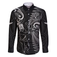Custom New Zealand Tiki Tennis Family Matching Off Shoulder Short Dress and Hawaiian Shirt 2024 Aotearoa Tenehi Maori Silver Fern - Black LT14 Dad's Shirt - Long Sleeve Black - Polynesian Pride
