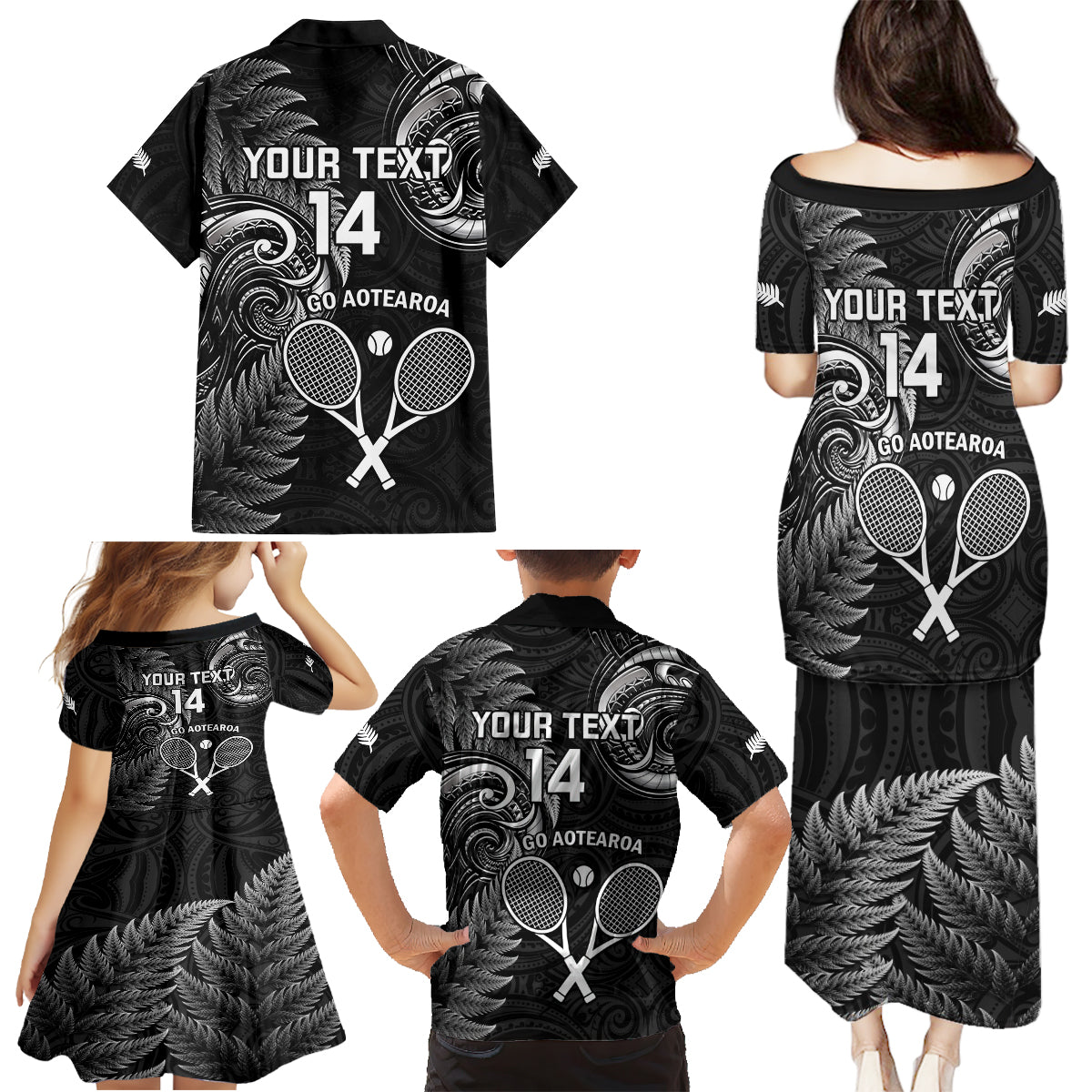 Custom New Zealand Tiki Tennis Family Matching Puletasi and Hawaiian Shirt 2024 Aotearoa Tenehi Maori Silver Fern - Black LT14 - Polynesian Pride