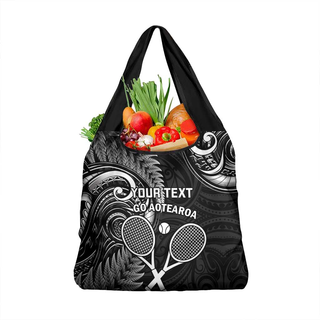 Custom New Zealand Tiki Tennis Grocery Bag Aotearoa Tenehi Maori Silver Fern - Black