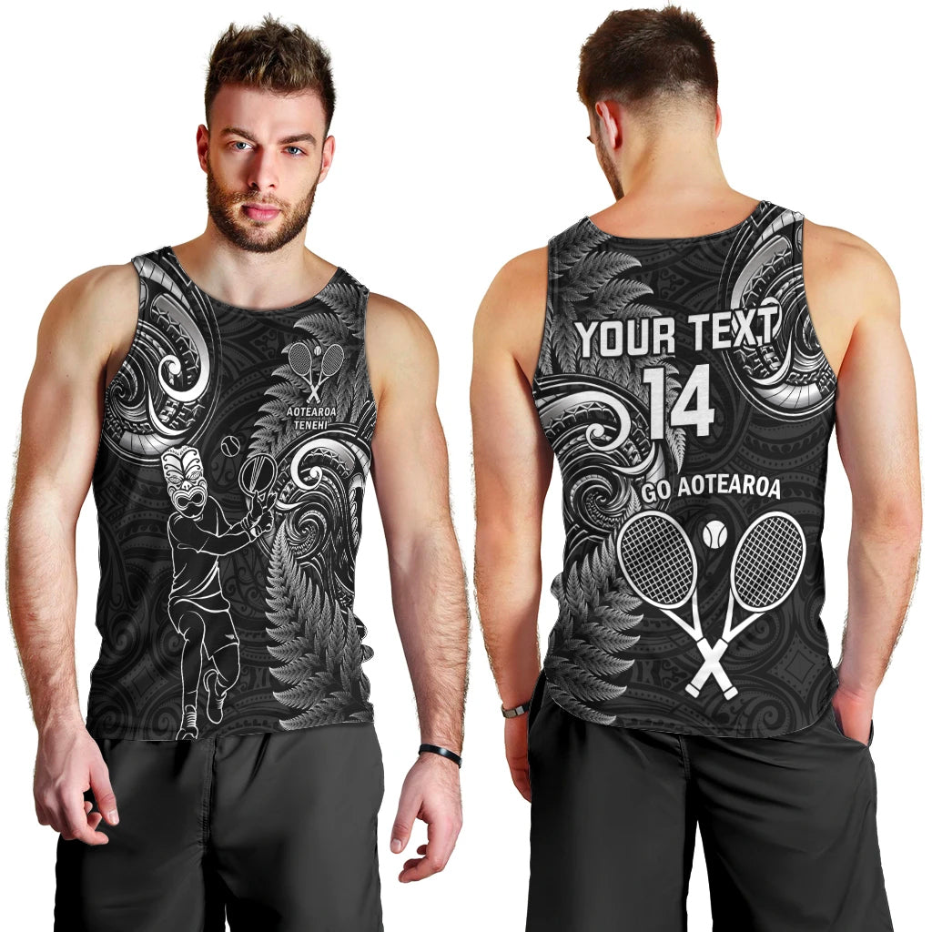 Custom New Zealand Tiki Tennis Men Tank Top 2024 Aotearoa Tenehi Maori Silver Fern - Black LT14 - Polynesian Pride