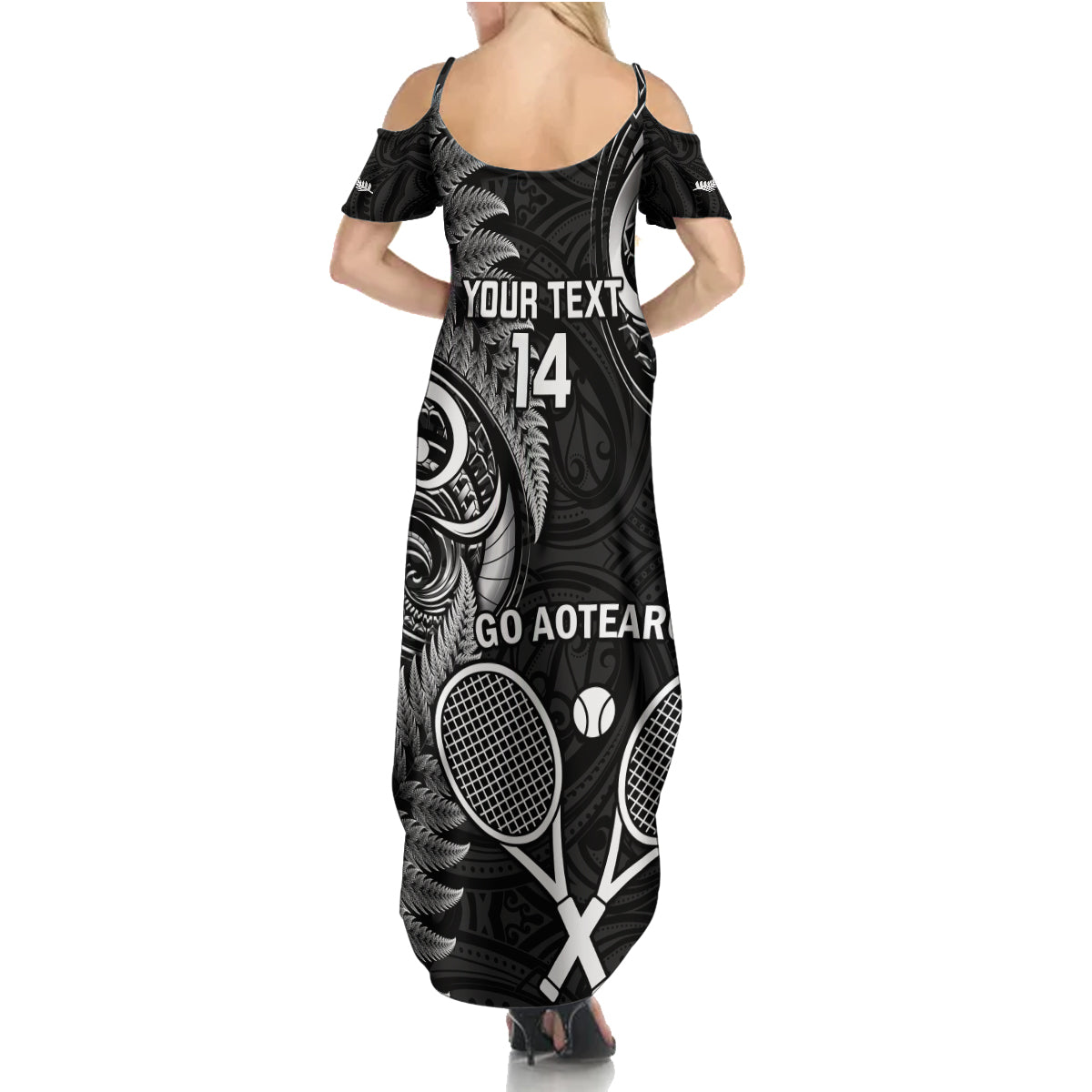 Custom New Zealand Tiki Tennis Summer Maxi Dress 2024 Aotearoa Tenehi Maori Silver Fern - Black LT14 - Polynesian Pride