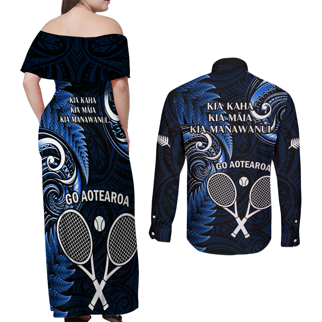 New Zealand Tiki Tennis Couples Matching Off Shoulder Maxi Dress and Long Sleeve Button Shirt 2024 Aotearoa Tenehi Maori Silver Fern - Blue LT14 - Polynesian Pride